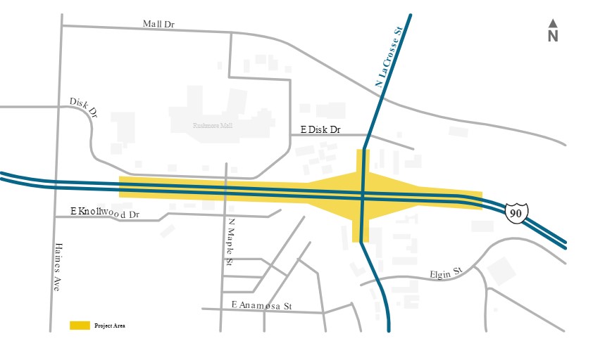 a map highlighting us I-90 road intersecting with nort lacrosse street